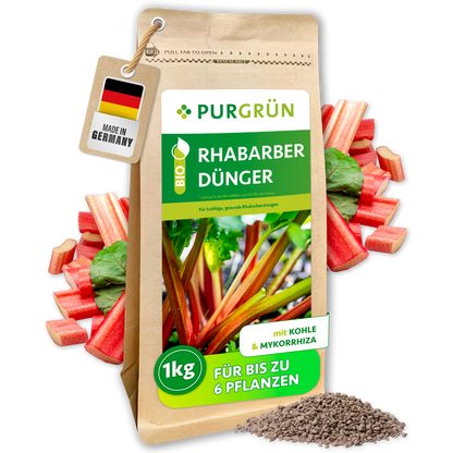 Purgrün Bio-Rhabarber-Dünger im 1-kg-Beutel mit Kohle und Mykorrhiza, ausreichend für bis zu 6 Pflanzen.