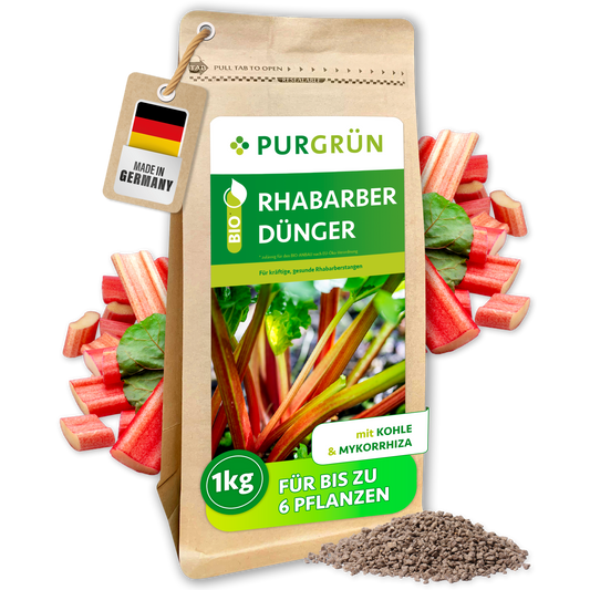 Purgrün Bio-Rhabarber-Dünger im 1-kg-Beutel mit Kohle und Mykorrhiza, ausreichend für bis zu 6 Pflanzen.
