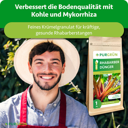 Feines Krümelgranulat verbessert mit Kohle und Mykorrhiza die Bodenqualität für kräftige, gesunde Rhabarberstangen.