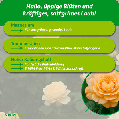 Wasserlösliches Magnesium verhindert gelbe Blätter, Tonmineralien ermöglichen eine gleichmäßige Nährstoffabgabe und ein hoher Kaliumgehalt stärkt die Widerstandskraft gegen Umwelteinflüsse.