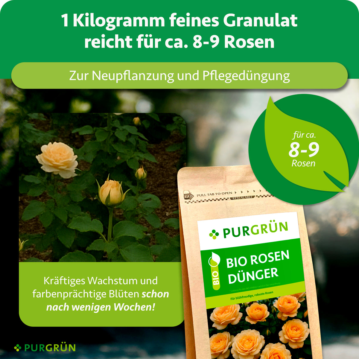 1 Kilogramm feines Granulat reicht für ca. 8–9 Rosen und dient zur Neupflanzung und Pflegedüngung.