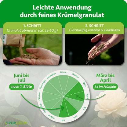 Anwendung: ca. 25–60 g Granulat abmessen, gleichmäßig im Wurzelbereich verteilen und einarbeiten. Im Frühjahr von März bis April und nach der ersten Blüte anwenden, letzte Gabe bis Ende Juli.