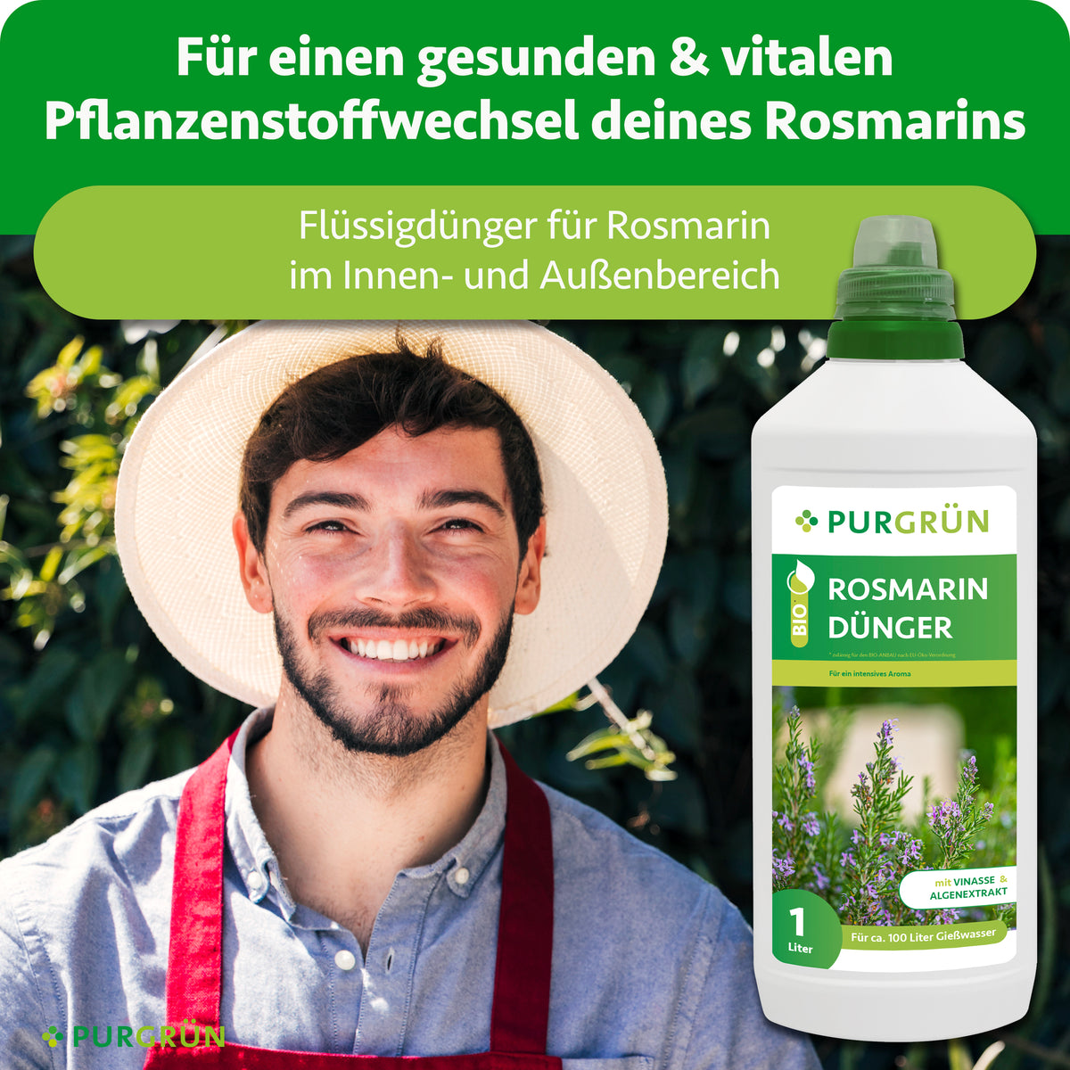 Flüssigdünger für Rosmarin im Innen- und Außenbereich, dargestellt neben einem Gärtner; unterstützt einen gesunden und vitalen Pflanzenstoffwechsel.