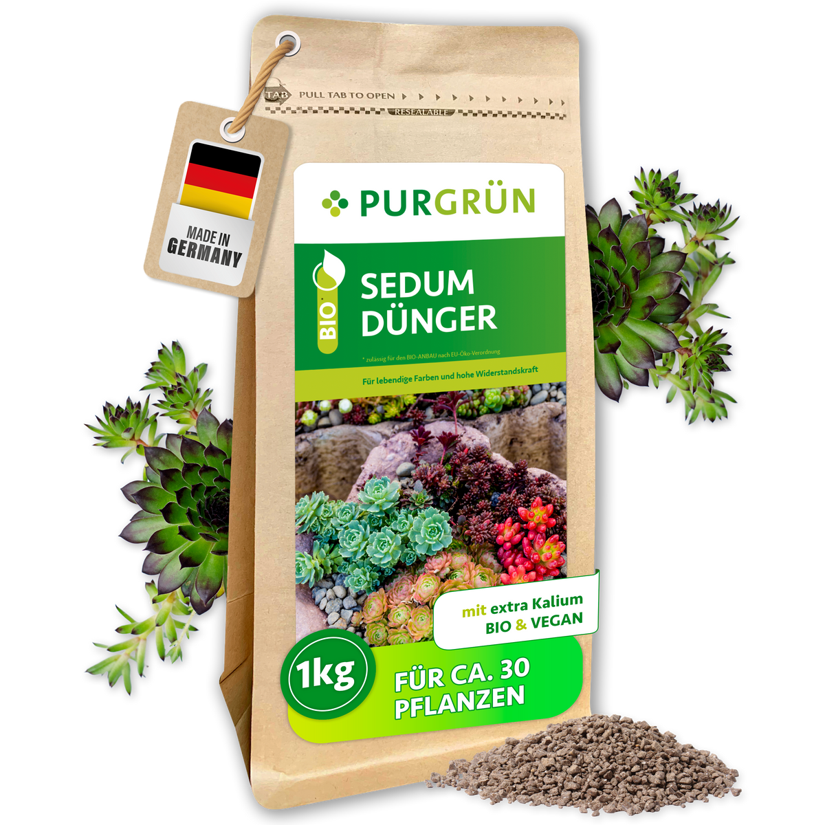 Purgrün Bio-Sedum-Dünger im 1-kg-Beutel mit sichtbarem Krümelgranulat und Sedum-Rosetten; bio und vegan.