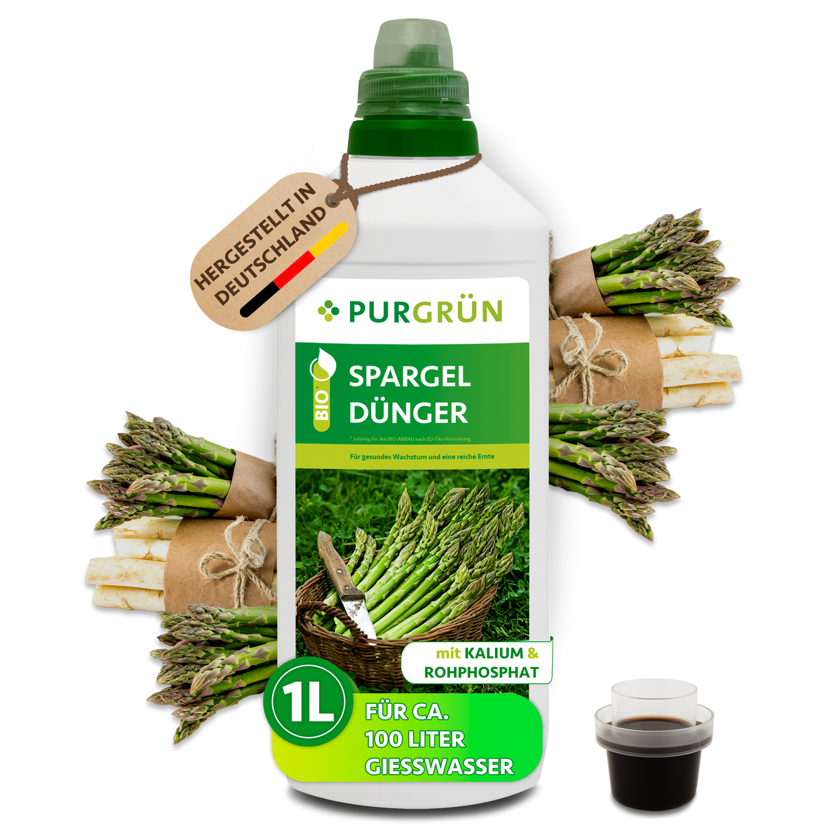 Purgrün Bio-Spargeldünger in der 1-Liter-Flasche mit Dosierkappe, umgeben von grünem und weißem Spargel; reicht für ca. 100 Liter Gießwasser.