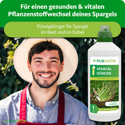 Flüssigdünger für Spargel im Beet und Kübel, für einen gesunden und vitalen Pflanzenstoffwechsel; daneben die 1-Liter-Flasche.