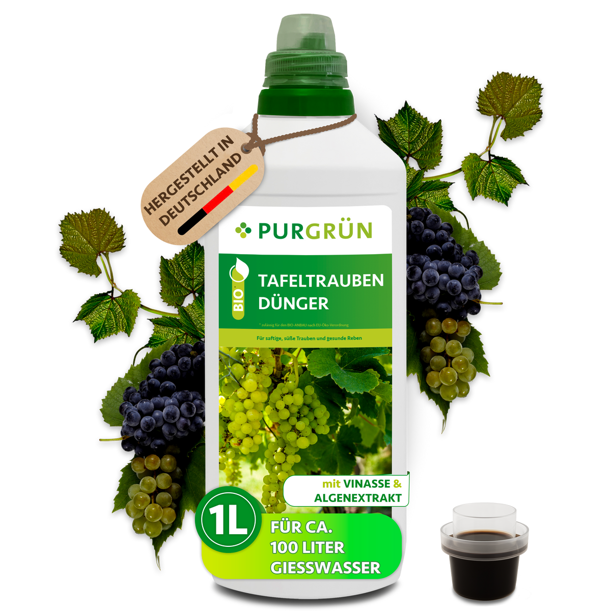Purgrün Bio-Tafeltrauben-Dünger in der 1-Liter-Flasche, umrahmt von Trauben; reicht für ca. 100 Liter Gießwasser.