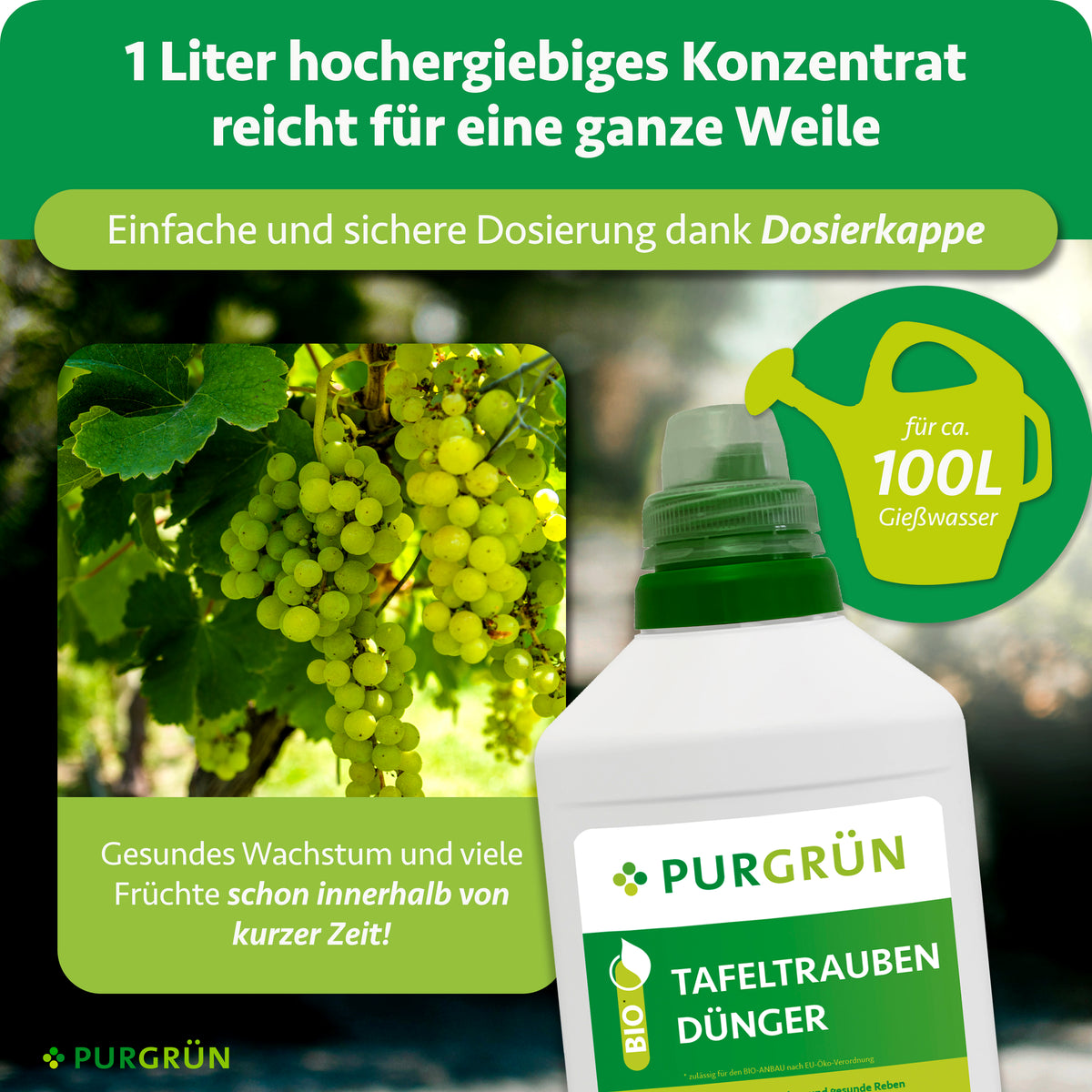 Ein Liter Konzentrat reicht für ca. 100 Liter Gießwasser und lässt sich mit der Dosierkappe einfach und sicher abmessen.