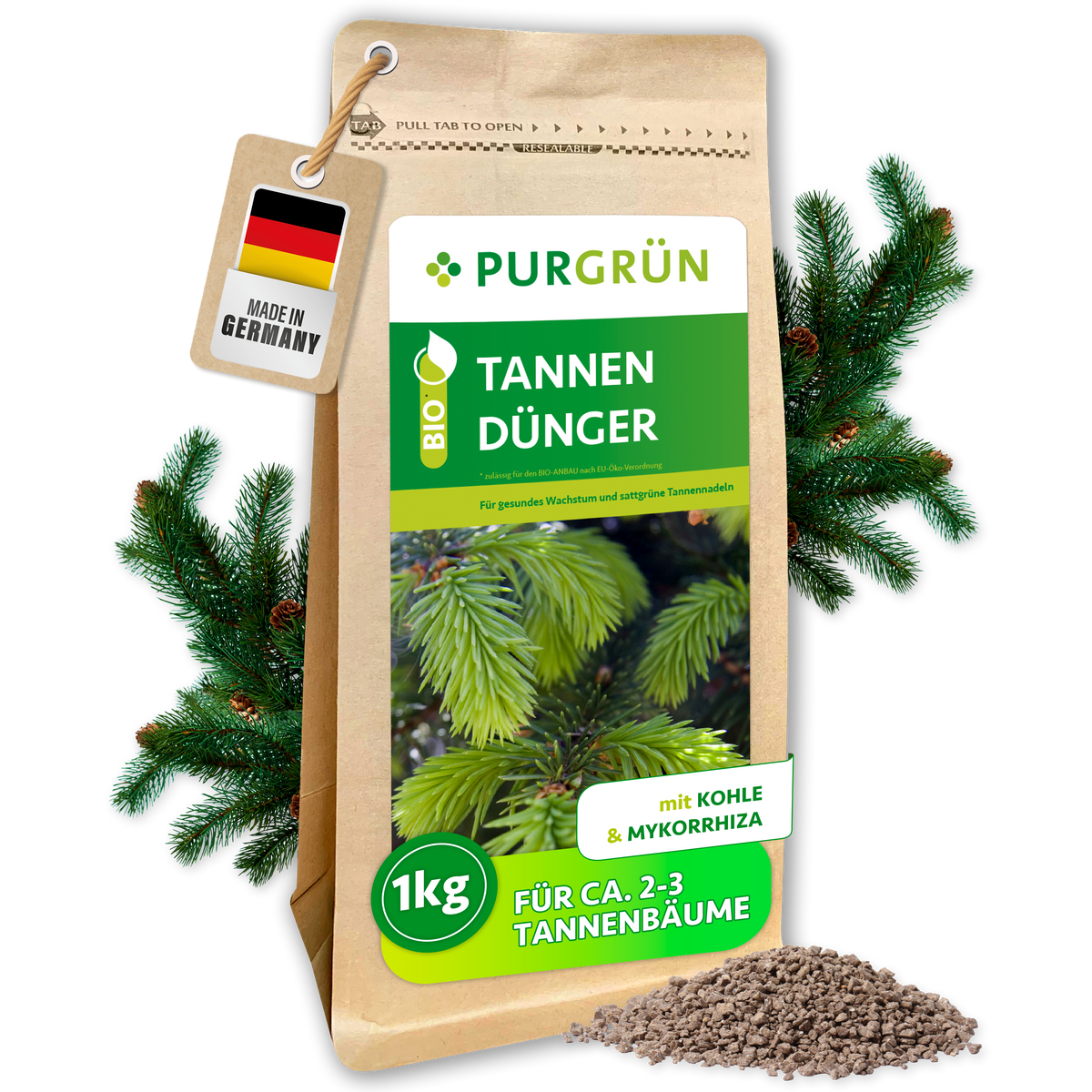 Purgrün Bio-Tannendünger, 1 kg, im wiederverschließbaren Papierbeutel mit feinem Granulat und dem Hinweis „mit Kohle & Mykorrhiza“.