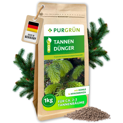 Purgrün Bio-Tannendünger, 1 kg, im wiederverschließbaren Papierbeutel mit feinem Granulat und dem Hinweis „mit Kohle & Mykorrhiza“.