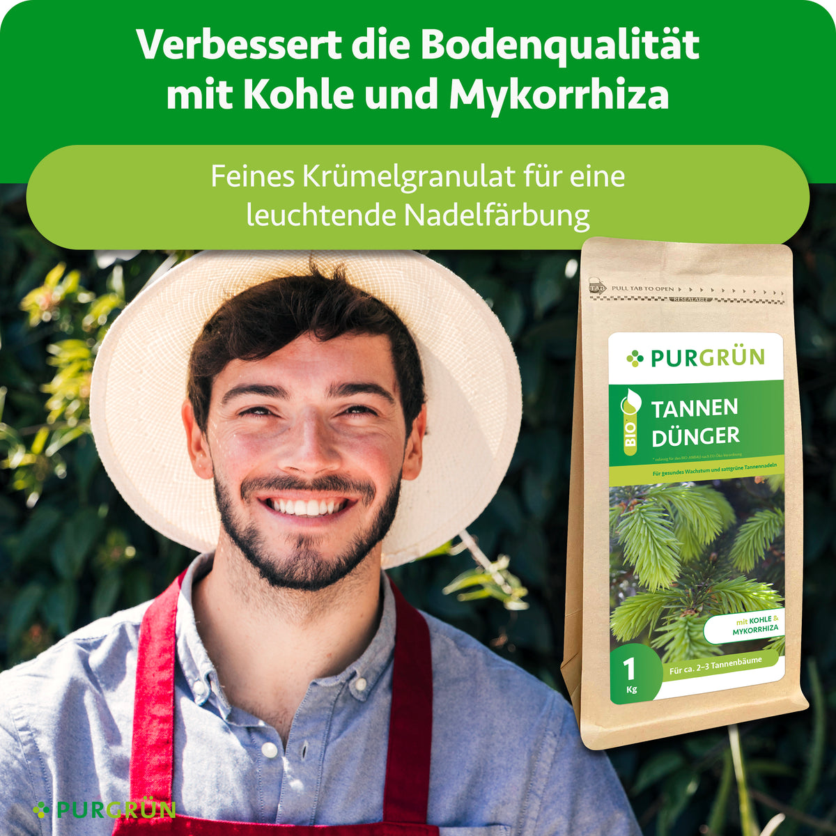 Verbessert die Bodenqualität mit Kohle und Mykorrhiza; feines Krümelgranulat für eine leuchtende Nadelfärbung.