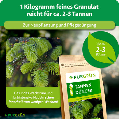 1 kg feines Granulat reicht zur Neupflanzung und Pflegedüngung für ca. 2–3 Tannen; gesundes Wachstum und farbintensive Nadeln schon innerhalb weniger Wochen.