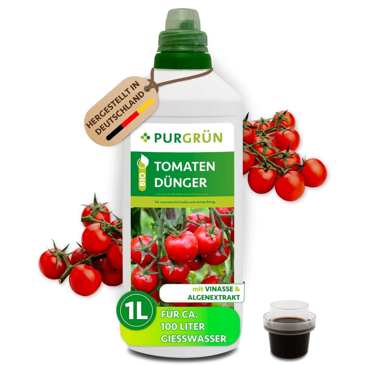 Purgrün Bio-Tomatendünger in der 1-Liter-Flasche mit Dosierkappe, ausreichend für ca. 100 Liter Gießwasser.
