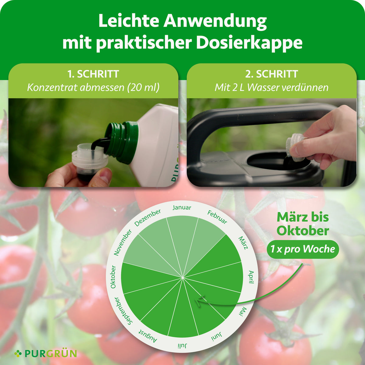 Anwendung: 20 ml Konzentrat abmessen, mit 2 Liter Wasser verdünnen und von März bis Oktober 1x pro Woche anwenden.