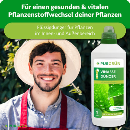 Bio-Vinasse-Dünger als Flüssigdünger für Pflanzen im Innen- und Außenbereich zur Unterstützung eines gesunden, vitalen Pflanzenstoffwechsels.
