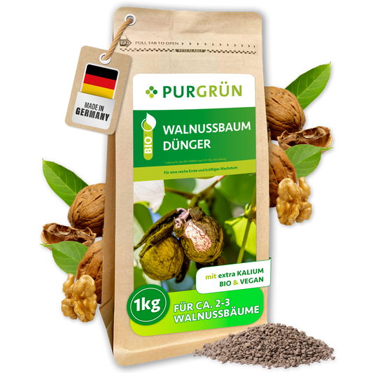 Purgrün Bio-Walnussbaum-Dünger im 1-kg-Beutel, umgeben von Walnüssen, grünen Blättern und feinem Granulat.