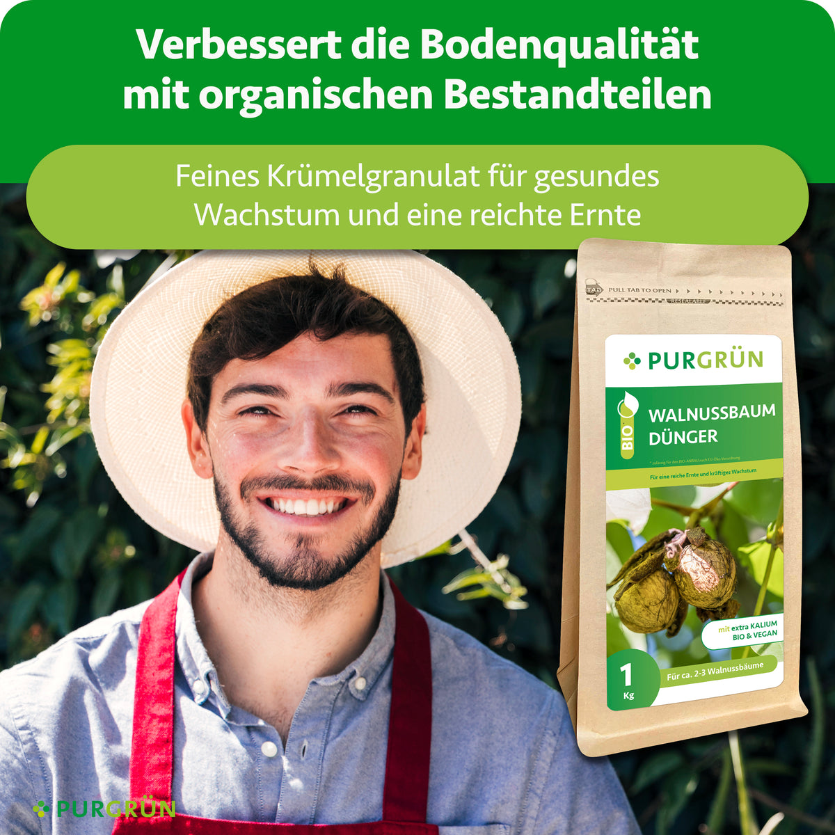 Feines Krümelgranulat mit organischen Bestandteilen verbessert die Bodenqualität und fördert gesundes Wachstum sowie eine reiche Ernte.