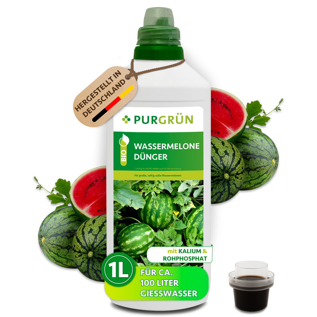 Purgrün Bio-Wassermelone-Dünger, 1 Liter, mit Dosierkappe; reicht laut Etikett für ca. 100 Liter Gießwasser.