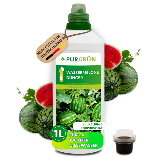 Purgrün Bio-Wassermelone-Dünger, 1 Liter, mit Dosierkappe; reicht laut Etikett für ca. 100 Liter Gießwasser.