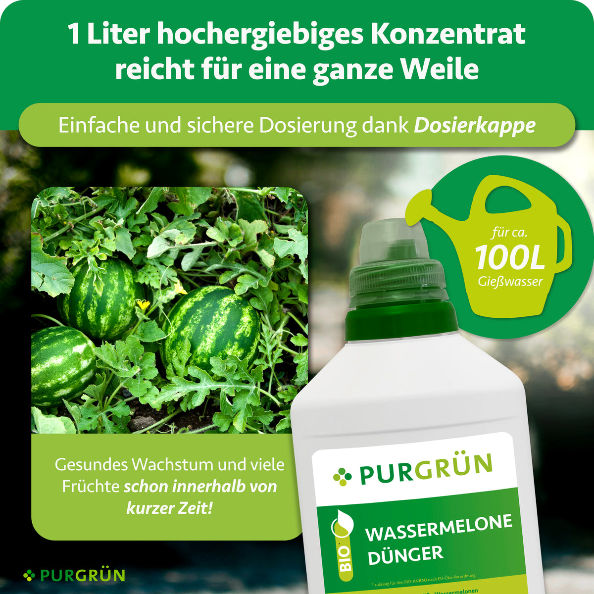 1 Liter Konzentrat mit Dosierkappe reicht für ca. 100 Liter Gießwasser und wird mit gesundem Wachstum und vielen Früchten in kurzer Zeit beworben.
