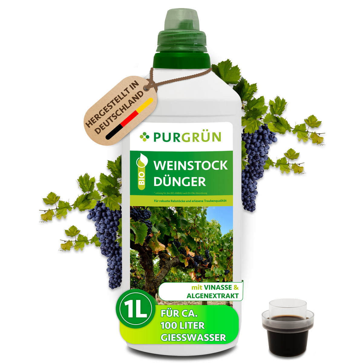 Purgrün Bio-Weinstock-Dünger im 1-Liter-Gebinde mit Dosierkappe, Weinlaub und dunklen Trauben; Anhänger „Hergestellt in Deutschland“.