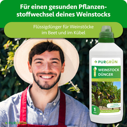 Purgrün Bio-Weinstock-Dünger 1 Liter neben einem Gärtner; Flüssigdünger für Weinstöcke im Beet und Kübel, für einen gesunden Pflanzenstoffwechsel.