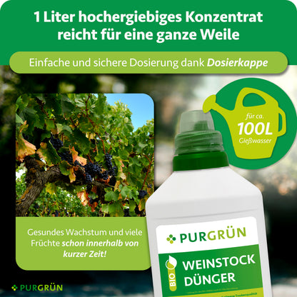 1 Liter hochergiebiges Konzentrat mit Dosierkappe reicht für ca. 100 l Gießwasser und verspricht gesundes Wachstum sowie viele Früchte innerhalb kurzer Zeit.