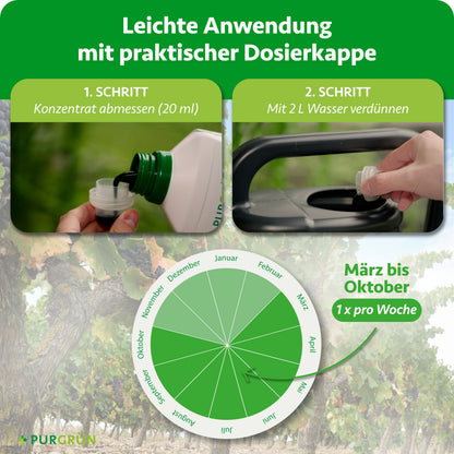 Anwendung von März bis Oktober 1x pro Woche: 20 ml Konzentrat mit 2 l Wasser verdünnen.