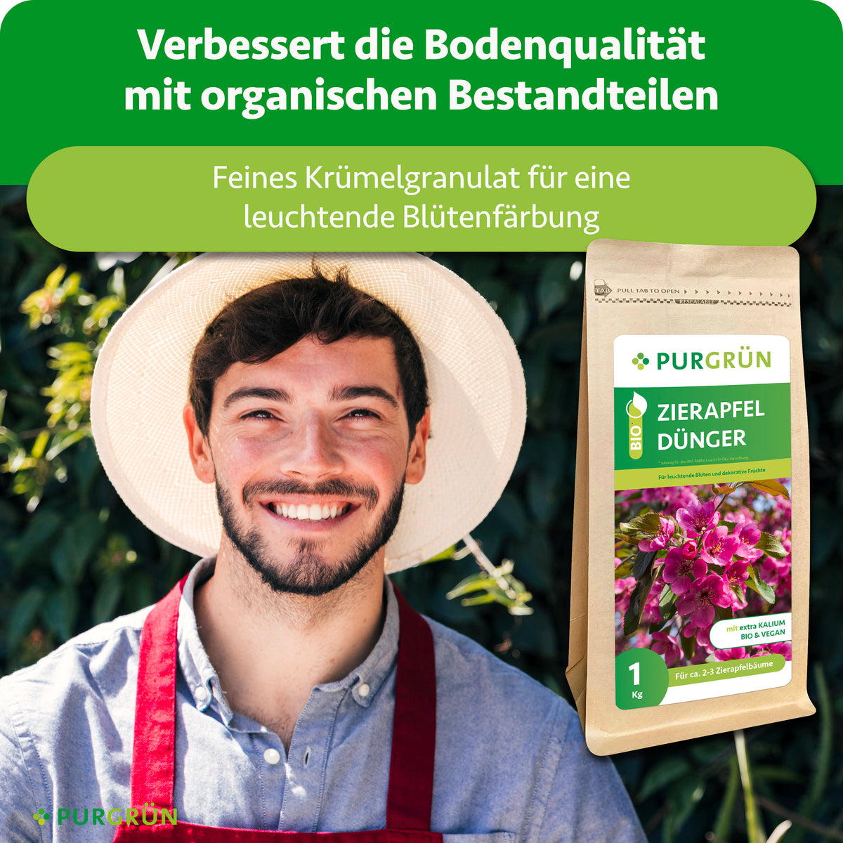 Organische Bestandteile verbessern die Bodenqualität; feines Krümelgranulat fördert eine leuchtende Blütenfärbung.