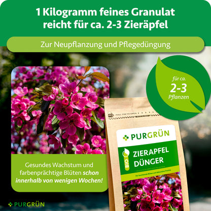 1 kg feines Granulat reicht für ca. 2–3 Zieräpfel und eignet sich zur Neupflanzung und Pflegedüngung. Beworben werden gesundes Wachstum und farbenprächtige Blüten schon innerhalb weniger Wochen.