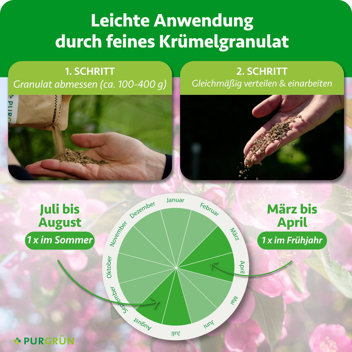 Anwendung: ca. 100–400 g Granulat abmessen, gleichmäßig verteilen und einarbeiten. Je einmal im Frühjahr von März bis April und im Sommer von Juli bis August düngen.