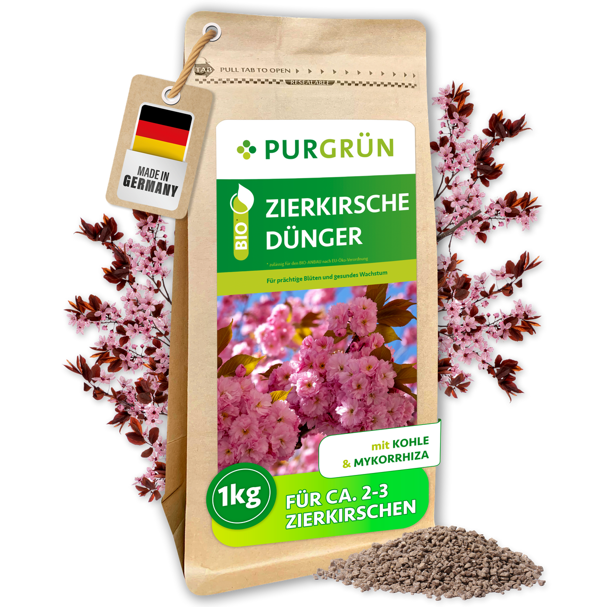 Purgrün Bio-Zierkirsche-Dünger, 1 kg, im wiederverschließbaren Beutel mit Kohle und Mykorrhiza.