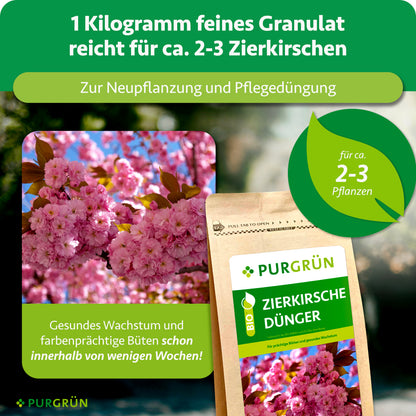 1 kg feines Granulat reicht für ca. 2–3 Zierkirschen und eignet sich zur Neupflanzung sowie Pflegedüngung.