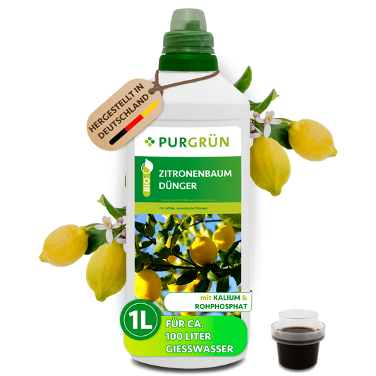 Bio-Zitronenbaum-Dünger im 1-Liter-Gebinde mit Dosierkappe, umgeben von Zitronen und Blüten.