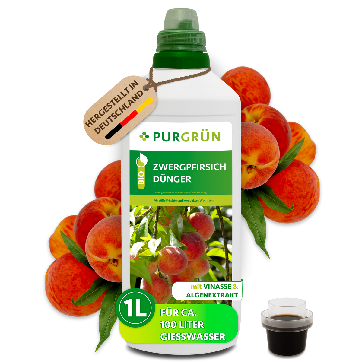 Purgrün Bio-Zwergpfirsich-Dünger in der 1-Liter-Flasche mit Dosierkappe, umgeben von reifen Pfirsichen.