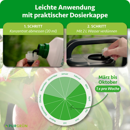 Anwendung von März bis Oktober einmal pro Woche: 20 ml Konzentrat abmessen und mit 2 Litern Wasser verdünnen.