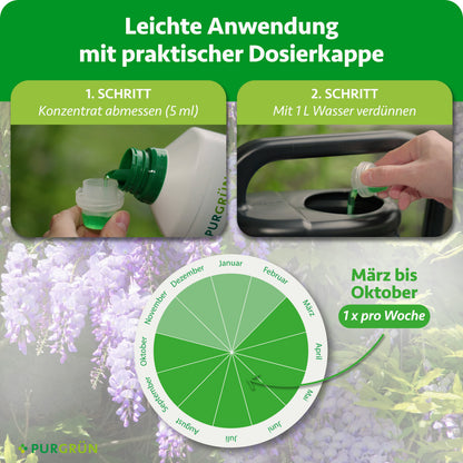 Anwendung: 5 ml Konzentrat abmessen, mit 1 Liter Wasser verdünnen und von März bis Oktober einmal pro Woche düngen.
