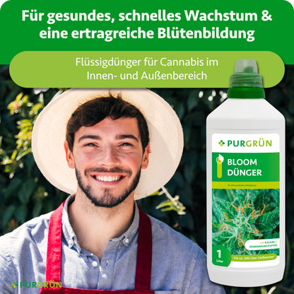 Ein lächelnder Mann mit einer roten Mütze steht im Freien neben einer Flasche Purgrün Cannabis Bloom-Dünger 1 Liter. Darüber steht ein grüner Text, der die Vorteile für gesundes Wachstum und üppige Cannabisblüten hervorhebt.
