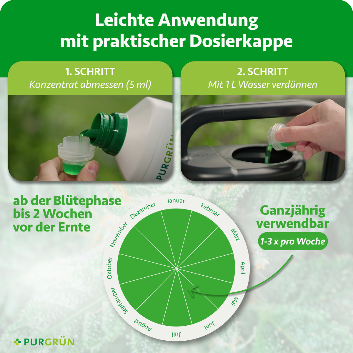 Anwendung des Bloom-Düngers: 5 ml Konzentrat mit der Dosierkappe abmessen und mit 1 l Wasser verdünnen. Ab der Blütephase bis 2 Wochen vor der Ernte ganzjährig 1–3-mal pro Woche verwenden.