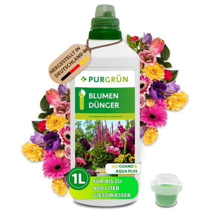 Purgrün Blumendünger, 1 Liter, mit Dosierkappe; Konzentrat mit Guano und Aqua Plus für bis zu 400 Liter Gießwasser.