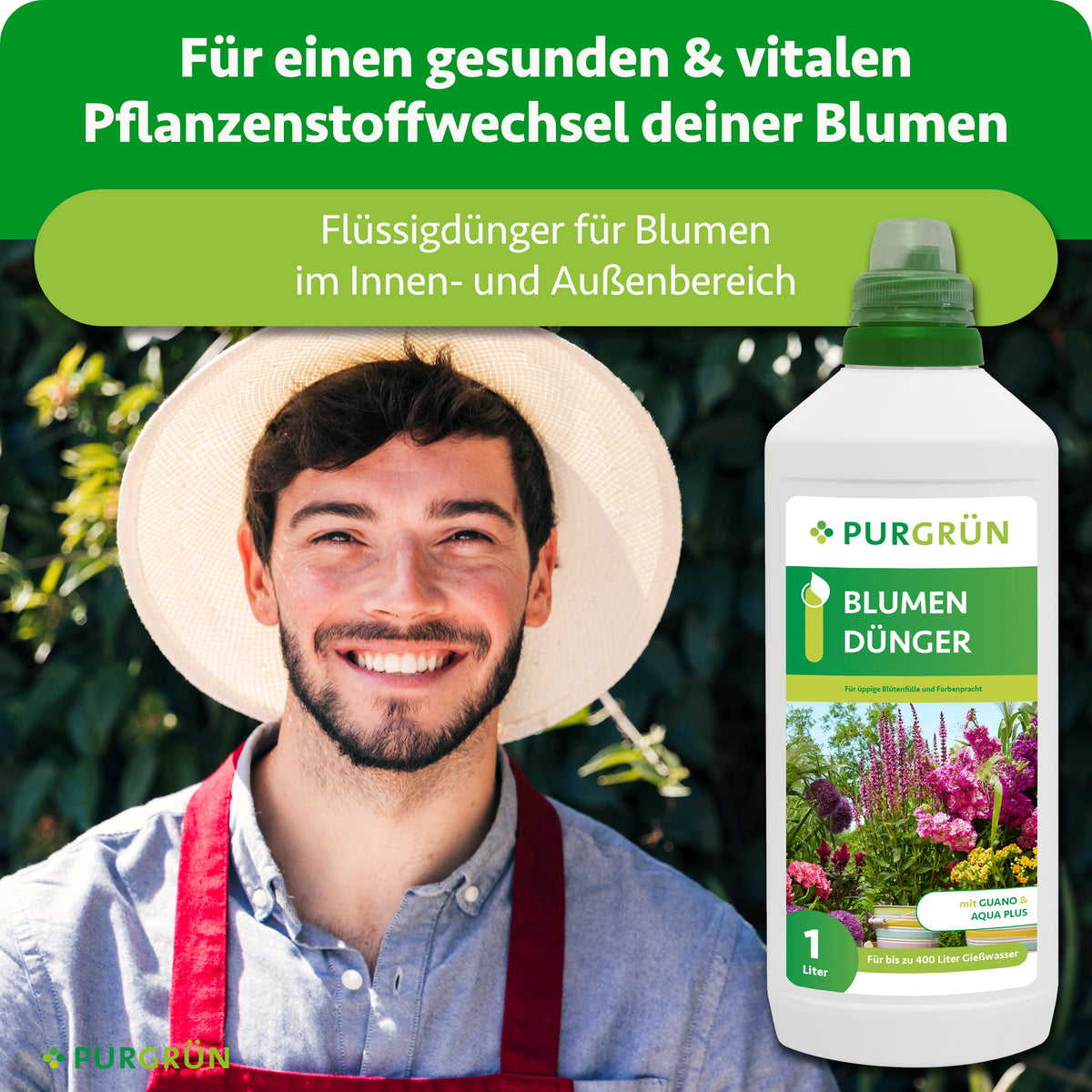 Flüssiger Purgrün Blumendünger für einen gesunden, vitalen Pflanzenstoffwechsel bei Blumen im Innen- und Außenbereich.