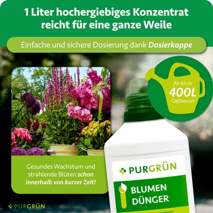 1 Liter hochergiebiges Blumendünger-Konzentrat mit Dosierkappe reicht für bis zu 400 Liter Gießwasser.