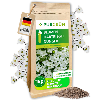 Purgrün Blumenhartriegel-Dünger im 1-kg-Beutel, für ca. 10 Blumenhartriegel, mit Magnesium und Tonmineralien.