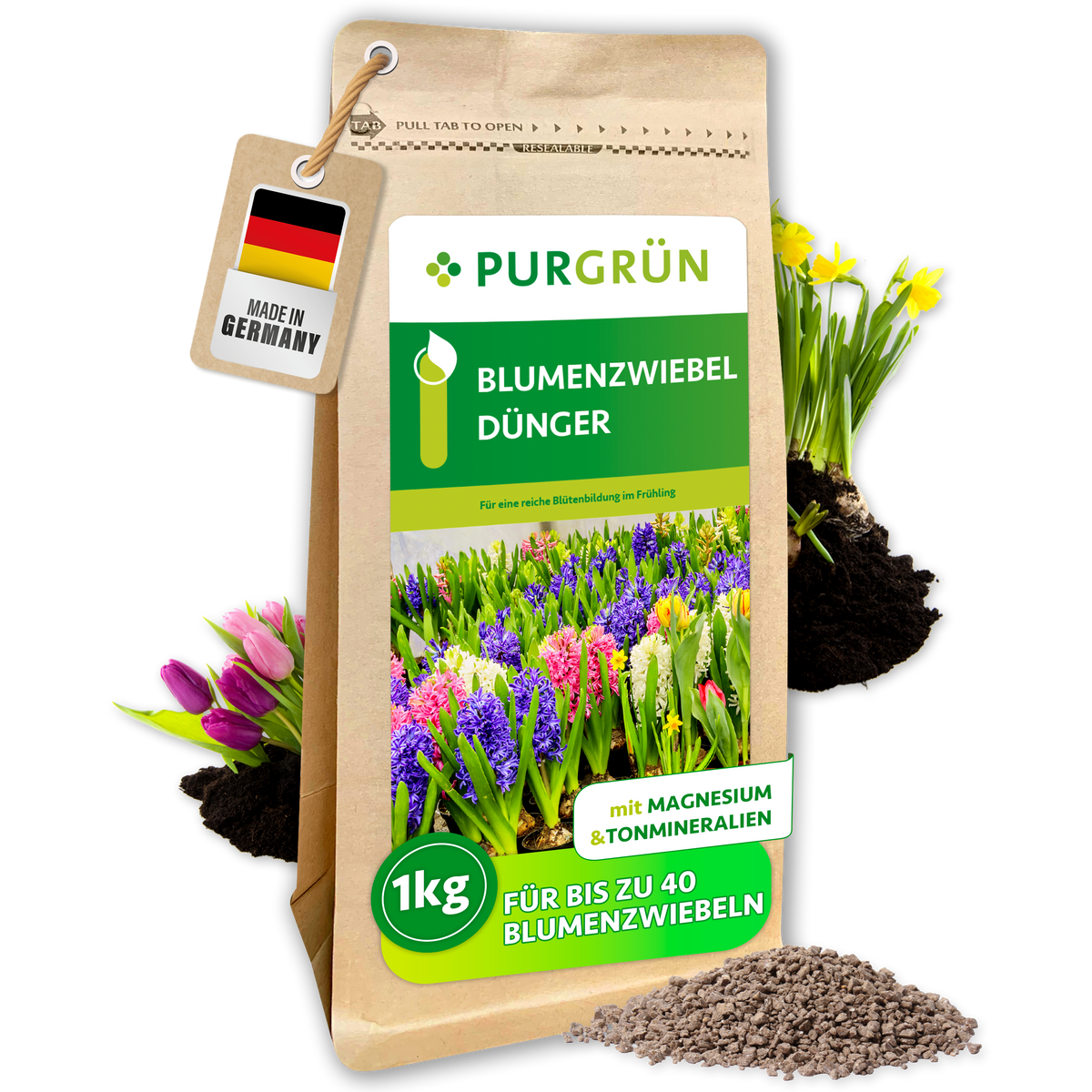 Purgrün Blumenzwiebel-Dünger im 1-kg-Beutel mit feinem Granulat, blühenden Zwiebelpflanzen und „Made in Germany“-Anhänger.