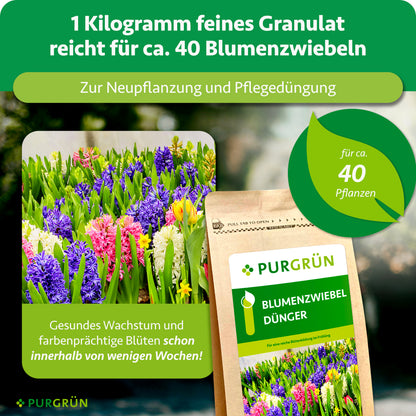 Ein Kilogramm feines Granulat reicht für ca. 40 Blumenzwiebeln und eignet sich zur Neupflanzung und Pflegedüngung.