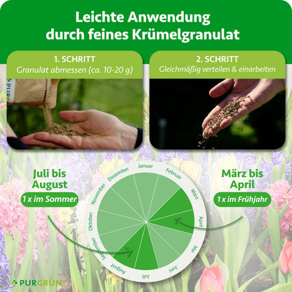 Ca. 10–20 g Granulat abmessen, gleichmäßig verteilen und einarbeiten. Einmal von März bis April und einmal von Juli bis August düngen.