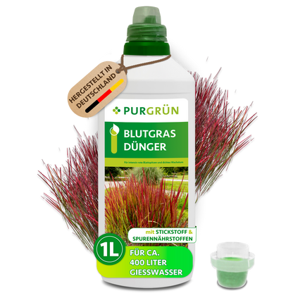 Purgrün Blutgras-Dünger im 1-Liter-Kanister mit Dosierkappe vor rotem Blutgras; laut Etikett für ca. 400 Liter Gießwasser.