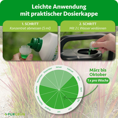 Anwendung: 5 ml Konzentrat mit der Dosierkappe abmessen, mit 2 L Wasser verdünnen und von März bis Oktober 1x pro Woche düngen.
