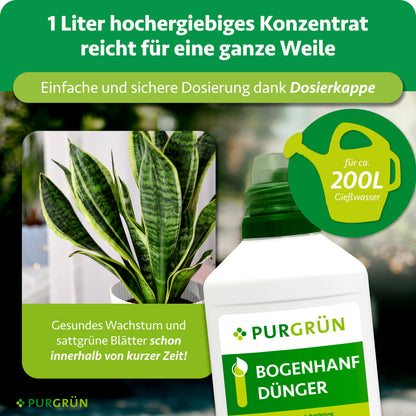 1 Liter hochergiebiges Konzentrat mit Dosierkappe reicht für ca. 200 Liter Gießwasser; daneben Bogenhanf und Düngerflasche.