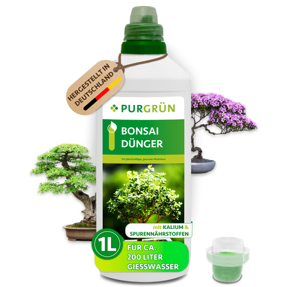 Purgrün Bonsai-Dünger, 1 Liter, mit Dosierkappe; Konzentrat für ca. 200 Liter Gießwasser, hergestellt in Deutschland.